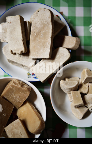 Aruul, traditional Mongolian curd (cheese), is made of goat, horse or camel milk. Gobi Desert, Mongolia. Stock Photo