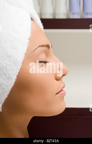 A woman wearing a towel Stock Photo