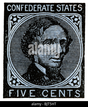 Confederate postage stamp bearing portrait of Jefferson Davis. Hand-colored woodcut Stock Photo