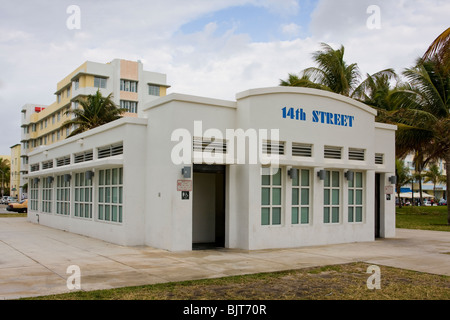 The art deco styled public restrooms on 14th and Ocean Drive, Miami, Florida, USA. Stock Photo