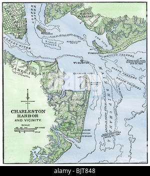 Chart of Charleston harbor, showing Fort Sumter and Fort Moultrie. Hand-colored woodcut Stock Photo