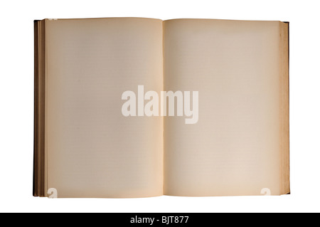 Open vintage book with blank pages isolated over white background