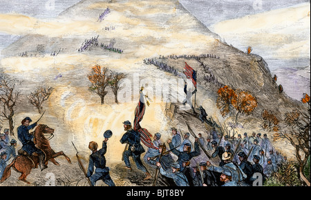 Battle above the Clouds on Lookout Mountain, Tennessee, 1863. Hand-colored woodcut Stock Photo
