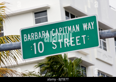 Street sign for Barbara Capitman Way and 10th Street at South Beach, Miami, Florida, USA. Stock Photo