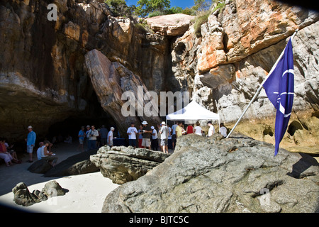 Passengers from Aussie expedition cruiser Orion enjoy a special dessert Aladdin's Cave Bigge Island Kimberley coast Australia Stock Photo