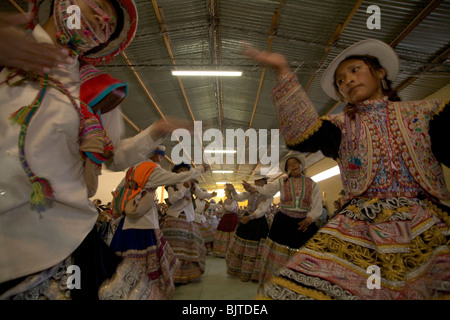 Traditional dance in Huambo, Colca Canyon Valley, the deepest canyon on Earth. Peru, South America Stock Photo