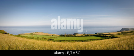 View to Prawle Point in South Devon with sea, yachts and grass field Stock Photo