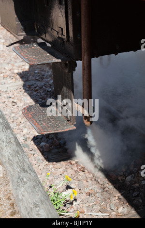 Step up to a locomotive with steam blowing out Stock Photo