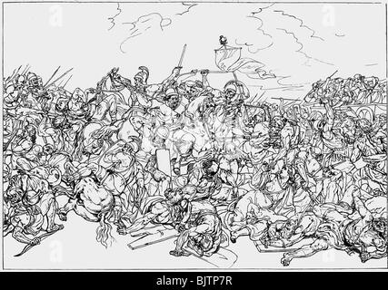 events, Cimbrian War 113 - 101 BC, Battle of Vercellae, 30.7.101 BC, wood engraving after drawing by Karl Ens, 19th century, ancient world, antiquity, Roman Empire, Germanics, Cimbri, Romans, soldiers, legionary, Italy, 2nd century BC, historic, historical, ancient world, people, Stock Photo