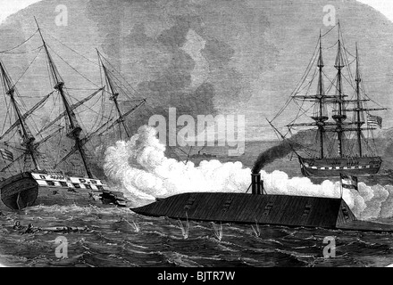 geography / travel, USA, American Civil War 1861 - 1865, naval warfare, Battle of Hampton Roads, Virginia, 8.- 9.3.1862, ironclad  CSS 'Virginia' sinking the frigate USS 'Cumberland', wood engraving after drawing by Fritz Meyer, 1862, , Stock Photo