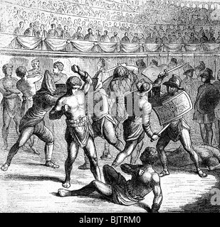ancient world, Roman Empire, gladiators fighting in arena, wood engraving, 19th century, historic, historical, fight, combat, sports, sport, ancient world, people, Stock Photo