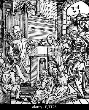 education, lesson, teacher and pupils, woodcut to Cato 'Carmen de moribus', Nuremberg, Germany, 1500, Stock Photo