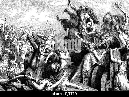 events, Cimbrian War 113 - 101 BC, Battle of Vercellae, 30.7.101 BC, Cimbrian women defending the carriages, wood engraving after drawing by Heinrich Leutemann, 2nd half 19th century, ancient world, antiquity, Roman Empire, Germanics, Cimbri, Romans, soldiers, legionary, Italy, 2nd century BC, historic, historical, ancient world, people, Stock Photo