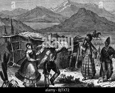 geography / travel, Argentina, tradition / folklore, dance 'Argentina', gauchos in Patagonia, wood engraving, 19th century, , Stock Photo