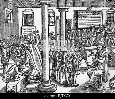 education, lesson, teacher and students, woodcut, 1592, Stock Photo