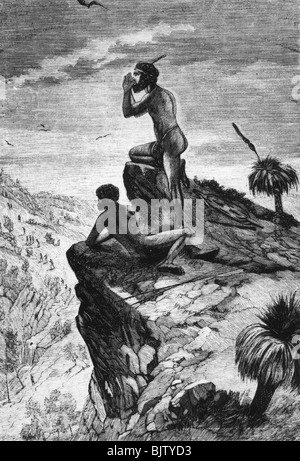 geography / travel, Australia, people, aborigines, aborigine, two men on rock giving sound signal, wood engraving, circa 1870, Stock Photo