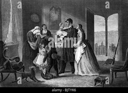 geography / travel, USA, American Civil War 1861 - 1865, 'Farewell to the Front', Union soldier saying goodbye to his family, wood engraving, circa 1862, , Stock Photo