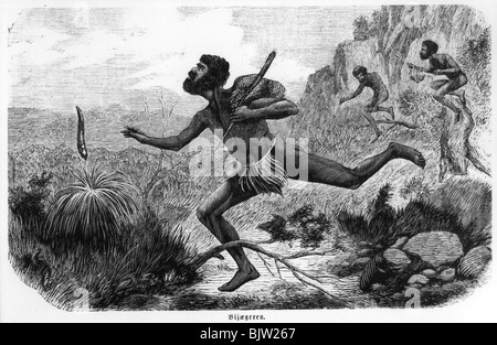 geography / travel, Australia, people, aborigines, aborigine during hunt, wood engraving, circa 1870, Stock Photo