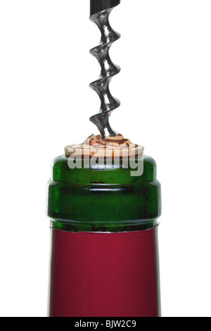 Close up of a red wine bottle with the cork being pulled out.