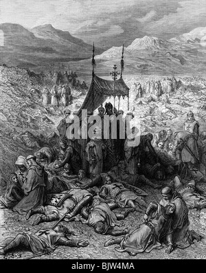 Middle Ages, crusades, First Crusade 1096 - 1099, Battle of Antioch, 28.6.1098, burial of the dead, wood engraving by Quesnel after drawing by Gustav Dore, 'Histoire des croisades' by Joseph Francois Michaud, 1875, Artist's Copyright has not to be cleared Stock Photo