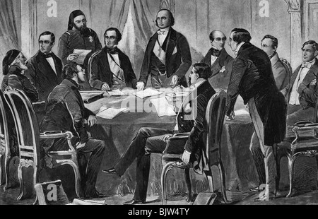 events, Crimean War 1853 - 1856, Treaty of Paris, 30.3.1856, delegates form Russia, Great Britain, France, Sardinia and the Ottoman Empire, wood engraving after painting, 19th century, from left: Mehmet Djemil Bey, Lord Cowley, count Camillo Cavour, Ali Pasha, Lord Clarendon, count Alexandre Walewski, marquis Villamarina, baron Brunnov, baron Huebner, count Orlov, count Buol-Schauenstein, Buol - Schauenstein, diplomacy, politics, peace conference, historic, historical, Piemont, Piedmont-Sardinia, people, Stock Photo