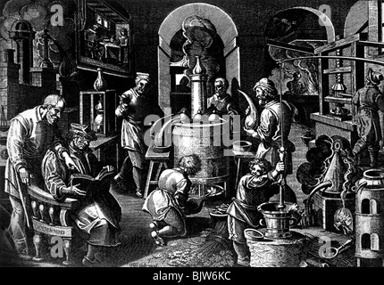 alcohol, distillation, laboratory from the 16th century, engraving by Ph. Galle (1537 - 1612) after Stradanus, historic, historical, alchemy, National Library Berlin, distil, distill, distilling, steam, geothermal steam, slab, laboratory, labs, laboratories, forensic science laboratory, work, working, apparatus, apparatuses, device, devices, physical device, workshop, manufacture, production, people, Stock Photo