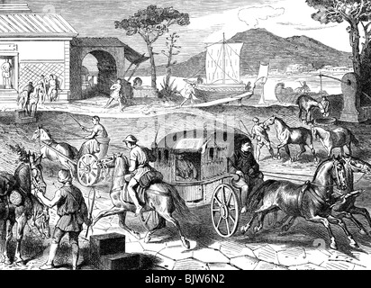 mail / post, ancient world, Roman state mail (Cursus publicus), messenger and carriage, wood engraving after drawing by E. Burger, historic, historical, mail coach, mail coaches, traffic / transport, transportation, delivering, delivery, deliveries, communication, message, messaging, monopoly, absolute monopoly, ancient world, people, Stock Photo