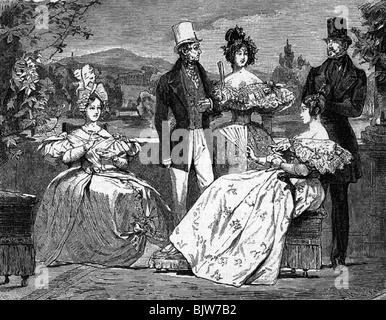 fashion, 19th century, ladies and gents, Vienna, 1835, Stock Photo