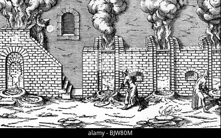metals, processing, melting furnaces, engraving from 'Mining report' by Loehney, 1617, Stock Photo