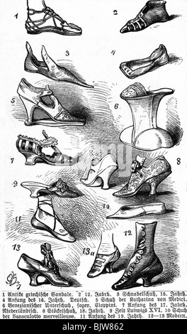 fashion, shoes, shoe history, different models, wood engraving, 19th century, Stock Photo