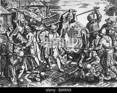 events, German Peasants' War, 1524 - 1526, soldiers attacking a farmstead, copper engraving by Domenicus Custos (circa 1560 - 1612), 16th century, historic, historical, Germany, 1525, attack, fight, fighting, defending, weapons, arms, peasants, uprising, revolt, people, Stock Photo