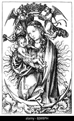 religion, Christianity, Madonna with child on a crescent moon, copper engraving by Martin Schongauer (circa 1445 / 1450 - 1491), 15th century, Imperial Court Library, Vienna, Middle Ages, medieval times, Holy Mary, saint, crown, angels, Jesus Christ, historic, historical, woman, women, female, child, boy, male, people, Stock Photo
