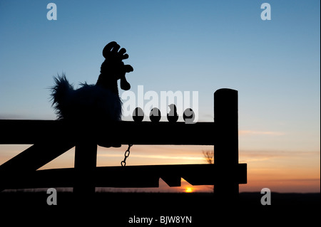 Soft toy Chicken with eggs and chick on a gate at sunrise. Silhouette Stock Photo