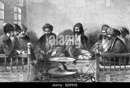 food, coffee, coffeehouse, Turkish coffeehouse, wood engraving from 'Illustrated London News', 3.12.1853, Stock Photo