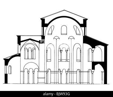 architecture, ground plan, cross section of a Roman basilica, drawing ...