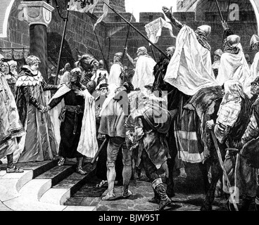Middle Ages, knights, knight's order, Order of the Teutonic Knights (Ordo Teutonicus Sanctae Mariae in Jerusalem), decampment to Prussia 1226, Stock Photo
