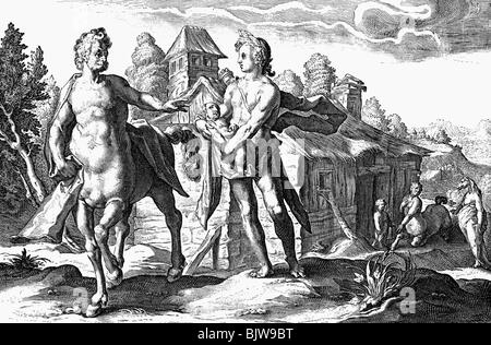 Centaur, Greek mythical creature, illustration, the centaur Chiron and the young Asclepius, illustration after copper engraving by Hendrick Goltzius (1558 - 1617), Artist's Copyright has not to be cleared Stock Photo