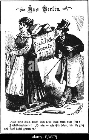 geography / travel, Germany, politics, Anti-Socialist Law, caricature, social democracy, with 'removal' in basket 'Anit-Socialist Law', drawing, 1878, Stock Photo
