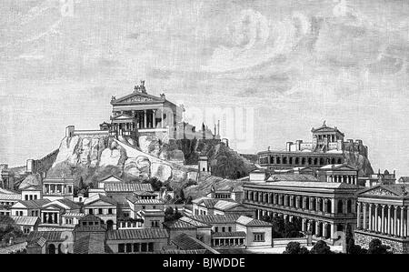 geography / travel, Italy, Rome, Capitoline Hill, Temple of Jupiter Capitolinus, citadel with Temple of Juno Moneta, view, early 1st century AD, reconstruction, wood engraving, 19th century, Centum gradus, Asylum, Tabularium, Temple of Castor and Pollux, Basilica Julia, Arx, ancient world, antiquity, architecture, Roman Empire, mons Capitolinus, historic, historical, ancient world, Stock Photo