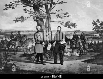 Vintage print depicting Confederate General Robert E Lee surrendering to Union General Ulysses S Grant on April 9 1865. Stock Photo