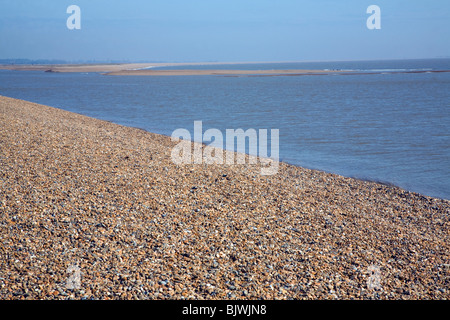 Mouth of River Ore at the tip of Orford ness spit, Shingle Street, Suffolk Stock Photo