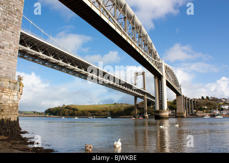The road and rail Bridges over the River Tamar at Saltash Cornwall England