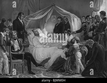 Vintage aquatint print depicting the death of Napoleon Bonaparte on May 5 1821. Stock Photo