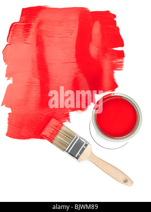 Red paint copyspace and a paintbrush with a can of paint on white background Stock Photo