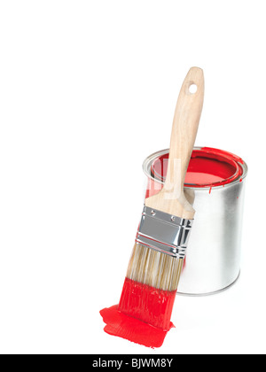 Open can of red paint and a paintbrush isolated on white background Stock Photo