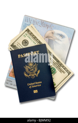 American passports with money on white Stock Photo