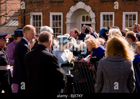 Her Majesty the Queen greets the crowds of well wishers in Derby for the ceremony of giving Maundy Money at Easter. Stock Photo