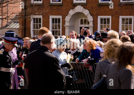 Her Majesty the Queen greets the crowds of well wishers in Derby for the ceremony of giving Maundy Money at Easter. Stock Photo