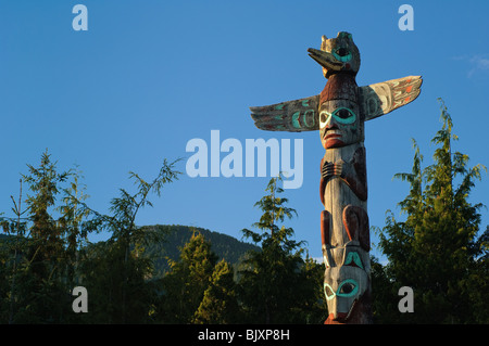 Tlingit totem pole at Saxman Totem Park, Ketchikan, Alaska. Stock Photo