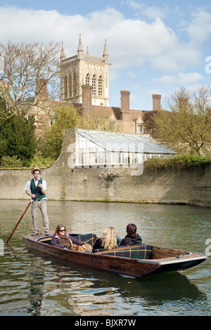 Punting Cambridge in traditional England style; Punting on the River cam in spring on the backs with St Johns College in the background, Cambridge UK